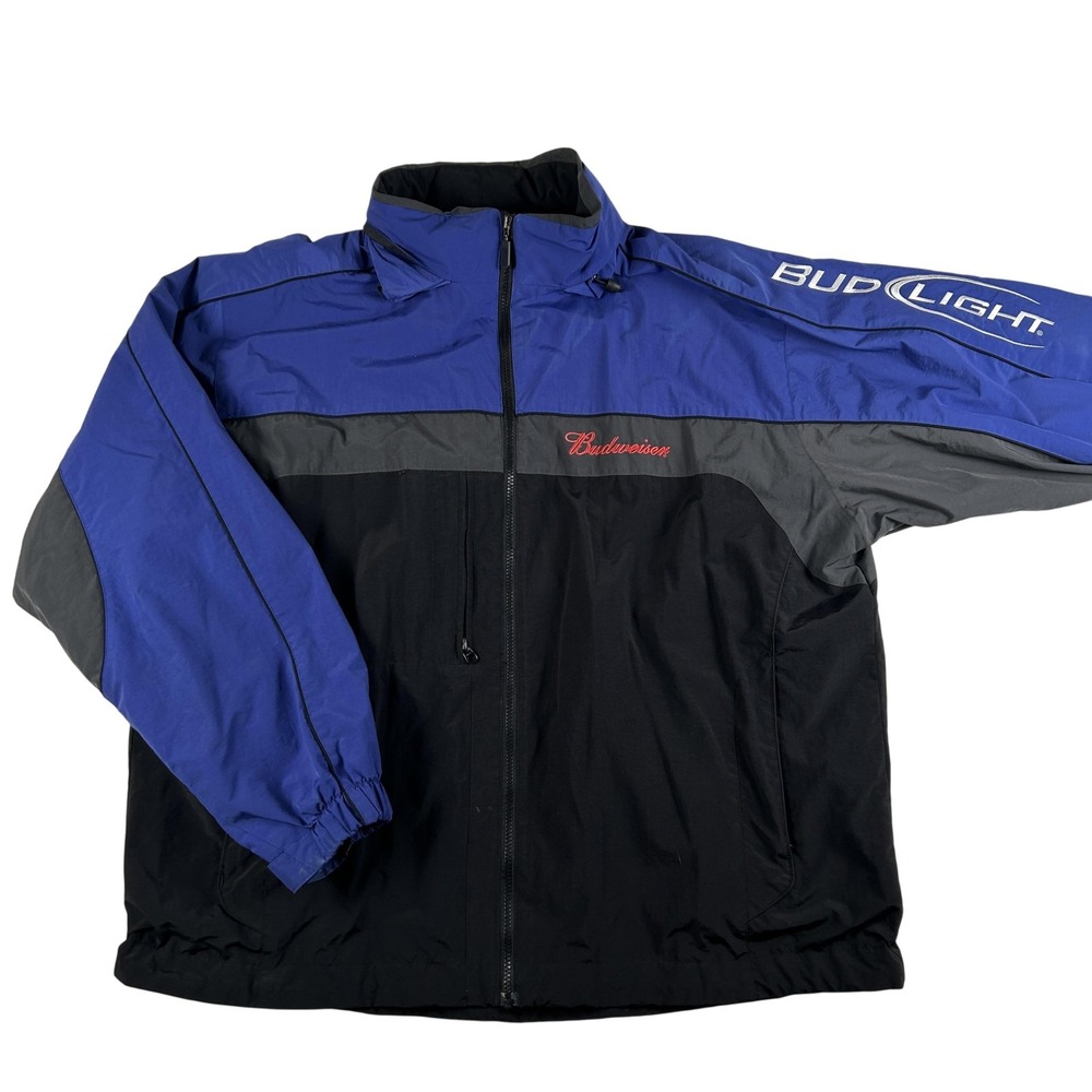 Budweiser Bud Light Jacket Mens 2XL Blue Black Full Zip‎ Swingster Windbreaker